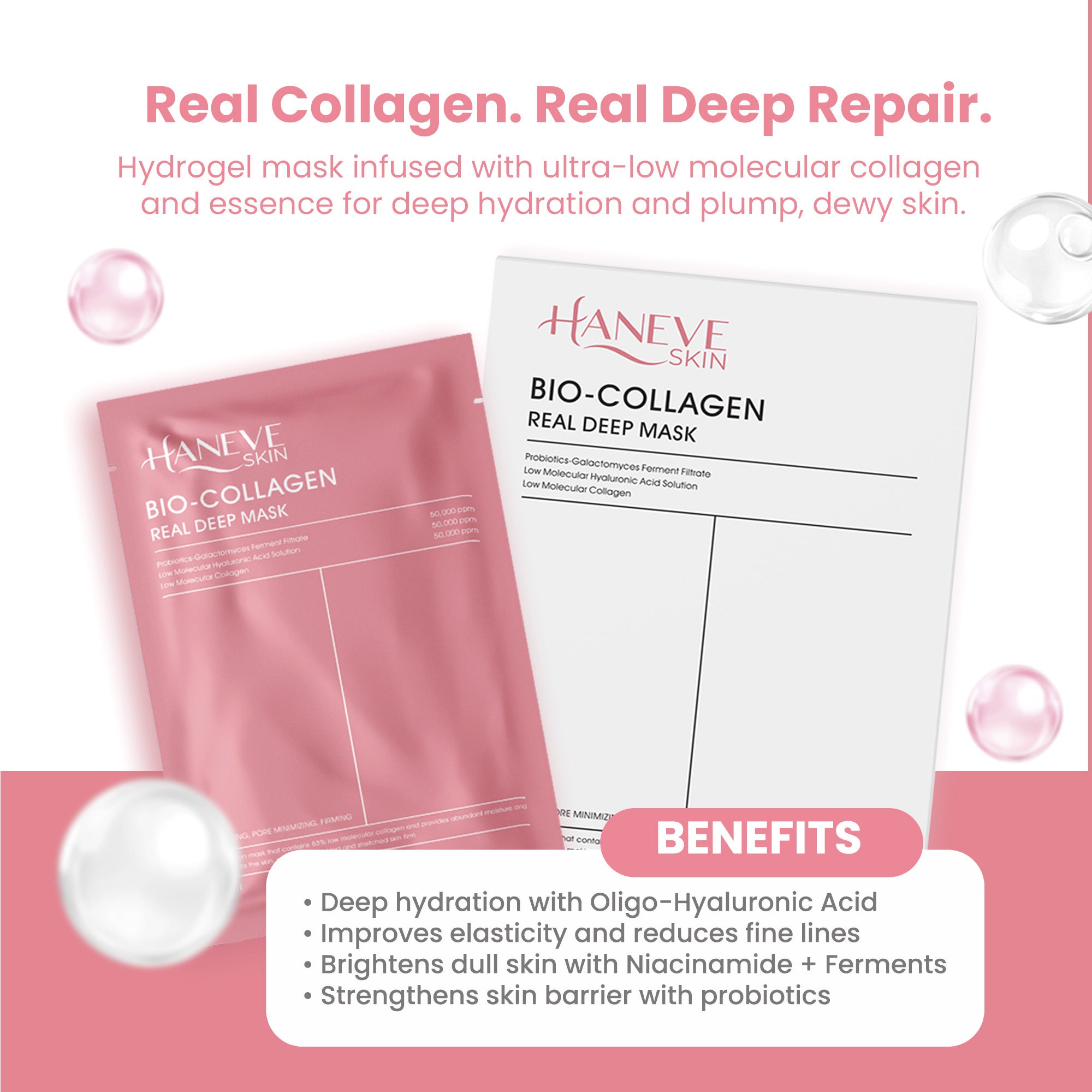 Bio-Collagen Real Deep Mask – Low Molecular Collagen, Hyaluronic Acid & Galactomyces Probiotics – Hydrating, Pore-Minimizing & Firming Facial Sheet Mask – 5 Pack
