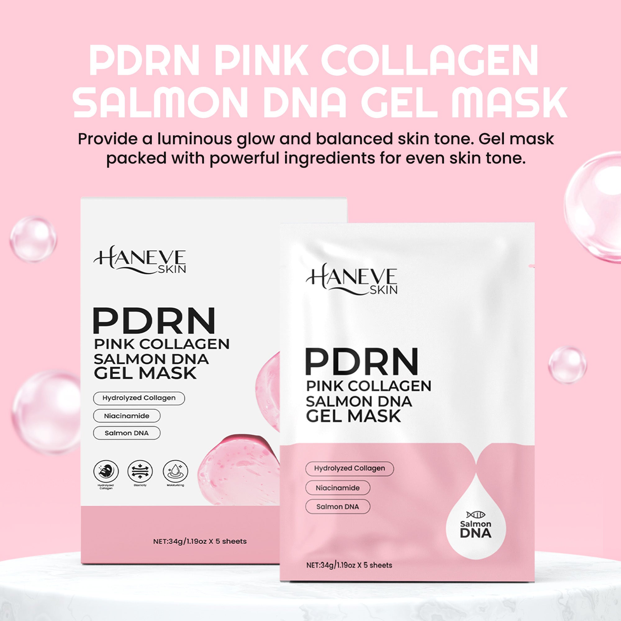 PDRN Pink Collagen Gel Mask – Salmon DNA, Hydrolyzed Collagen & Niacinamide – Hydrating & Moisturizing Facial Sheet Mask for Radiance and Skin Barrier Support – 5-Pack