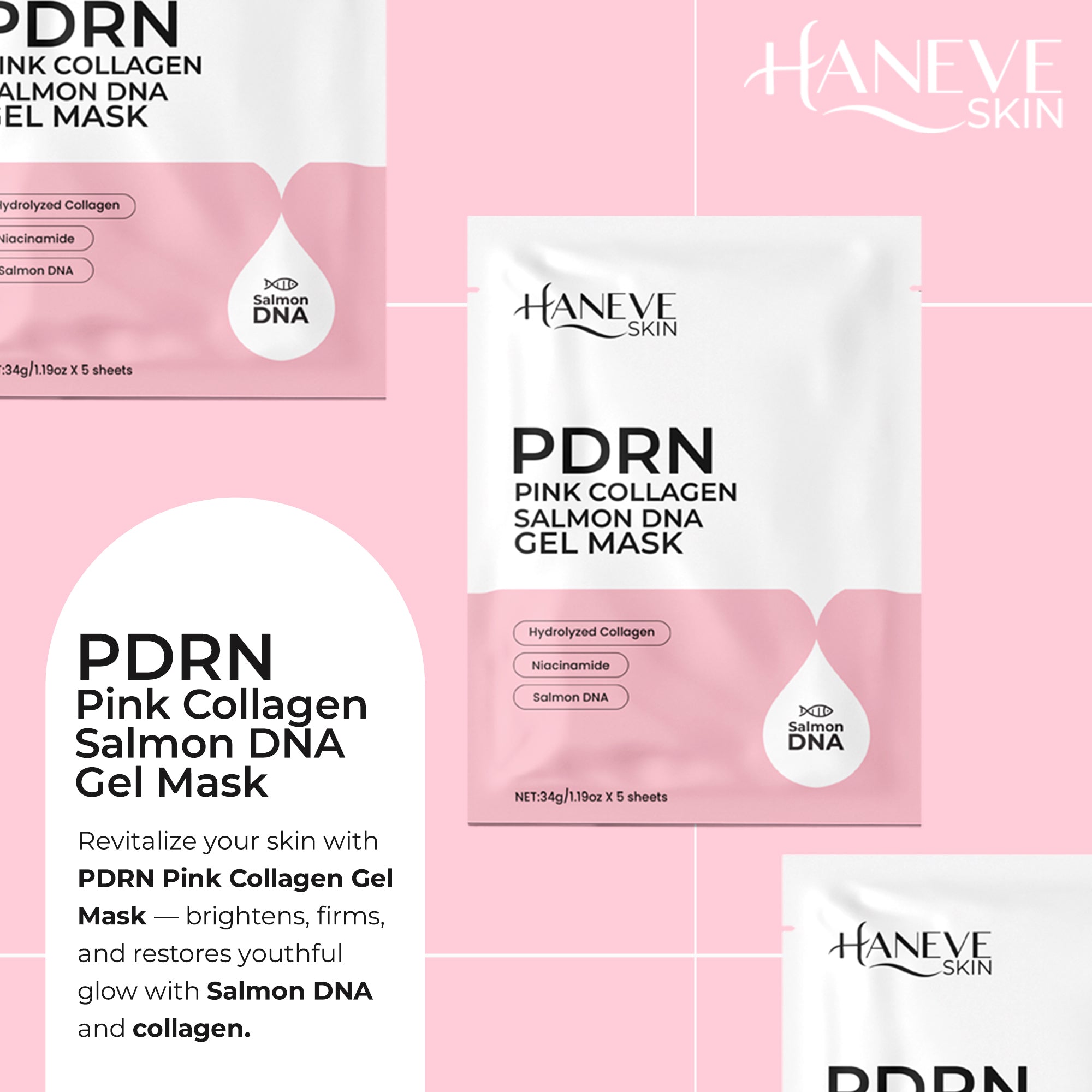PDRN Pink Collagen Gel Mask – Salmon DNA, Hydrolyzed Collagen & Niacinamide – Hydrating & Moisturizing Facial Sheet Mask for Radiance and Skin Barrier Support – 5-Pack